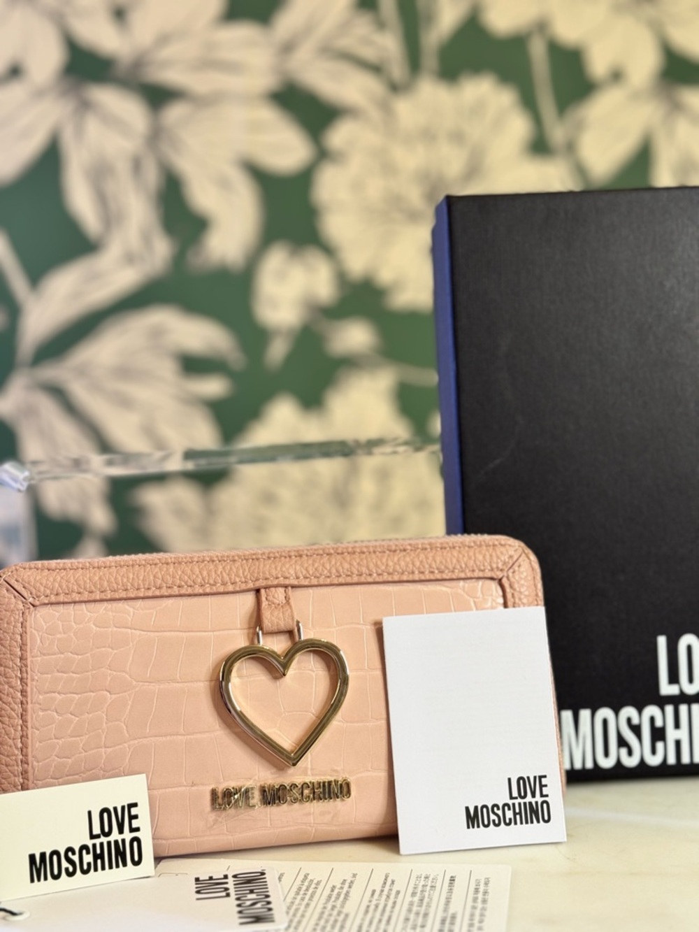 Love Moschino Pink Croc-Embossed Heart Wallet with Gold Hardware NIB